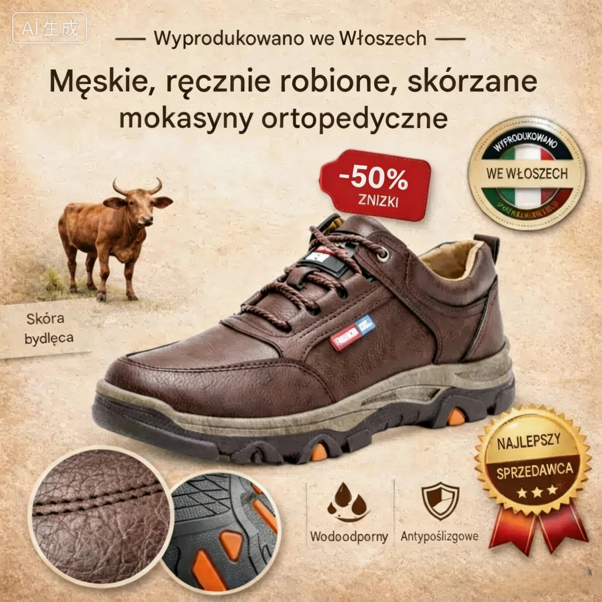 🔥 Ručne šité talianske kožené ortopedické topánky s oporou členku👣, Pohodlné, vodeodolné a protišmykové, ✓ Nová kolekcia pre rok 2026