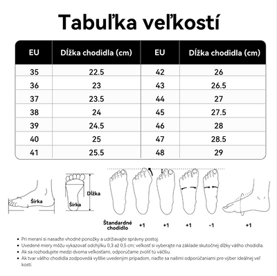Pohodlná ortopedická obuv – ergonomická opora klenby, ktorá zmierňuje bolesť, a široký strih, ktorý netlačí na nohu.